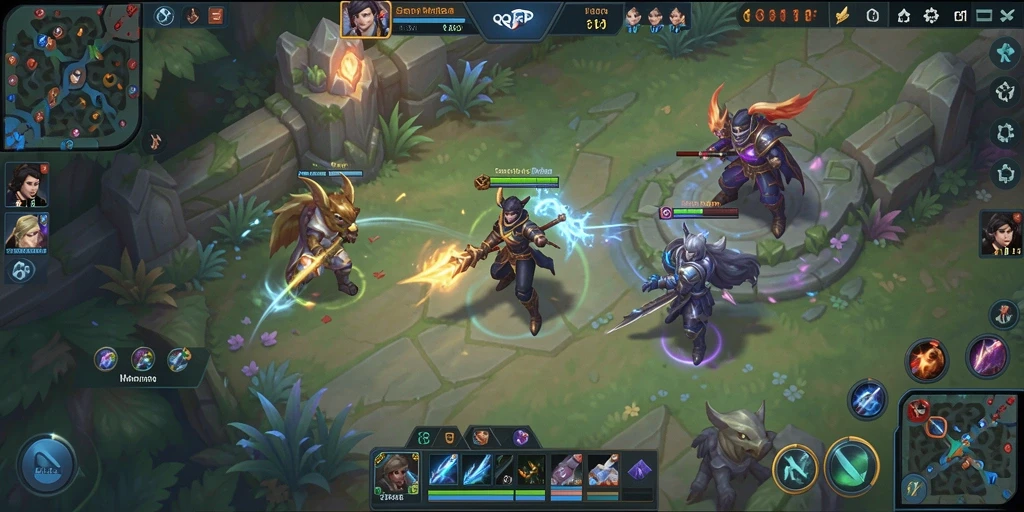 Tangkapan layar gameplay <strong>QQRP</strong> menampilkan pertarungan seru di arena MOBA.