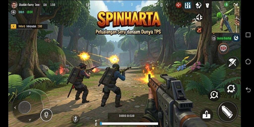Screenshot <strong>SPINHARTA</strong> menampilkan aksi seru dalam gameplay TPS.